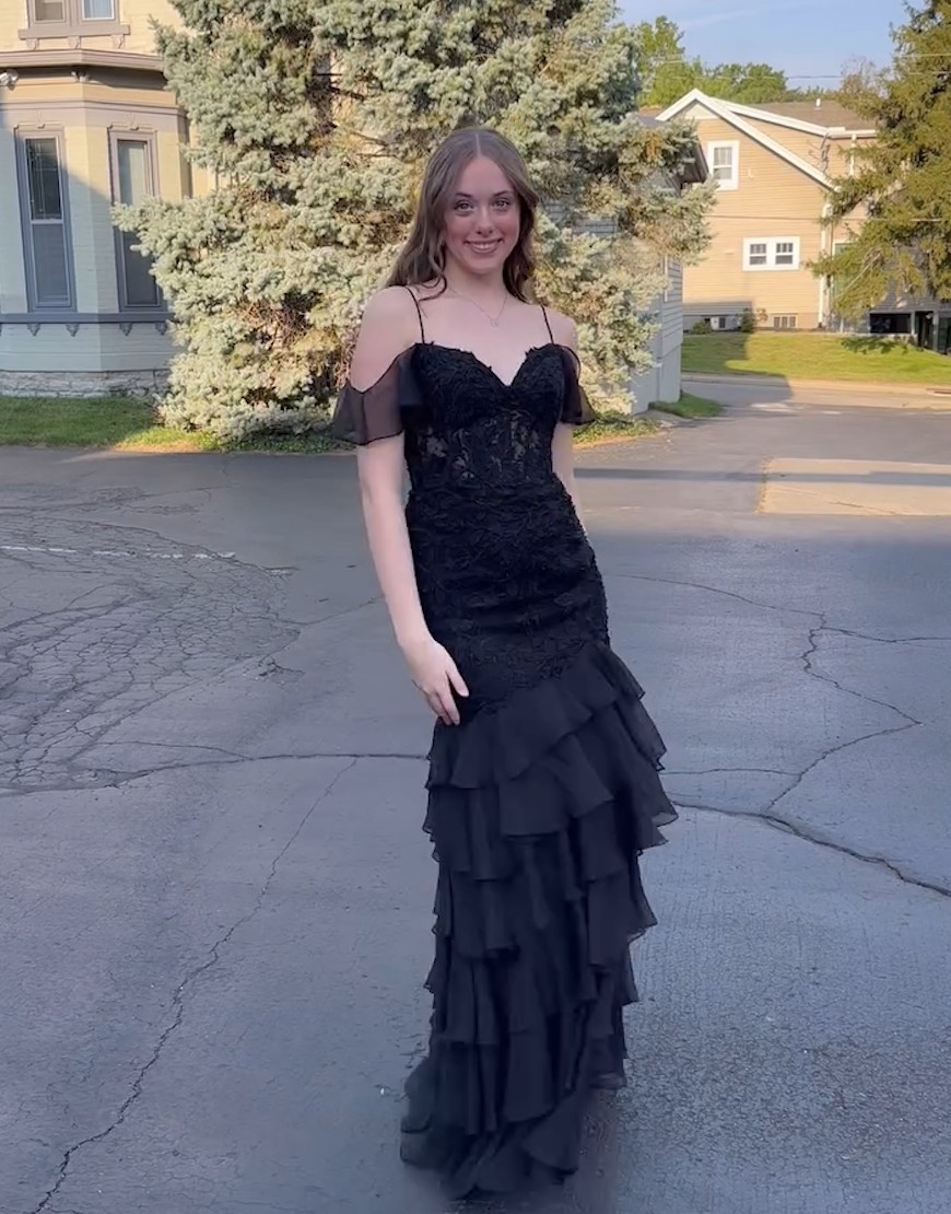 Sparkly Dark Purple Mermaid Cold Shoulder Corset Ruffles Appliques Long Prom Dress with Slit