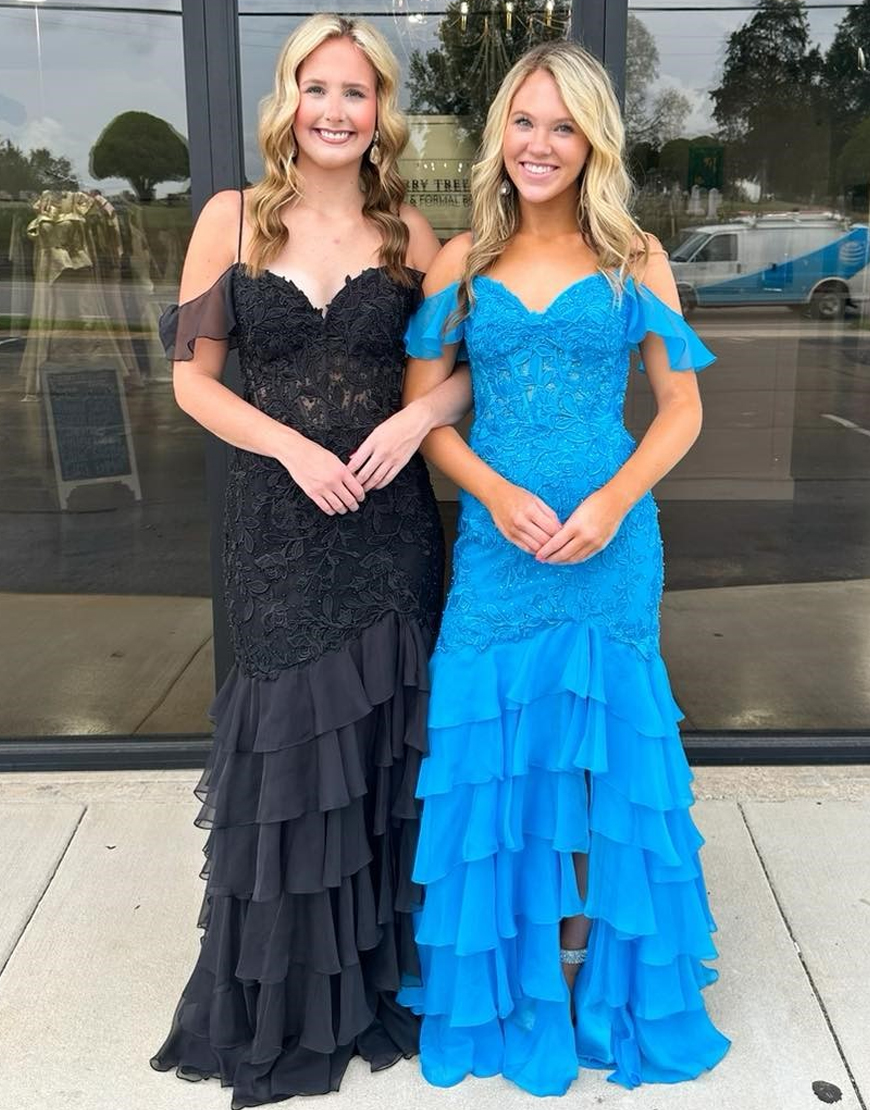 Sparkly Dark Purple Mermaid Cold Shoulder Corset Ruffles Appliques Long Prom Dress with Slit