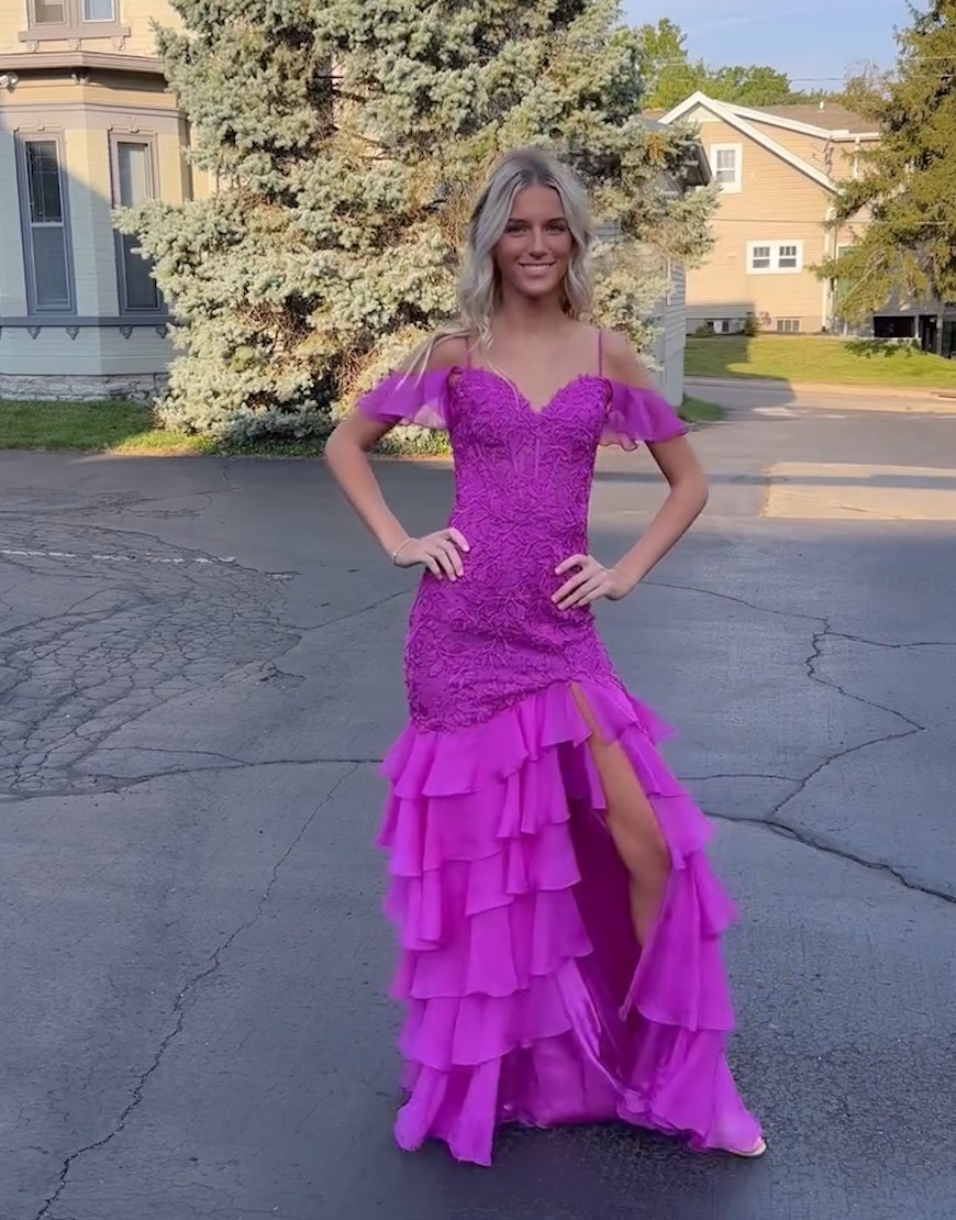 Sparkly Dark Purple Mermaid Cold Shoulder Corset Ruffles Appliques Long Prom Dress with Slit