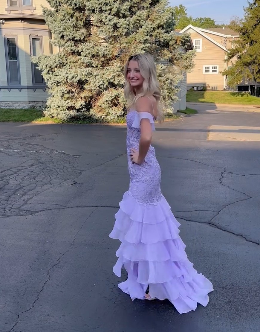 Sparkly Dark Purple Mermaid Cold Shoulder Corset Ruffles Appliques Long Prom Dress with Slit