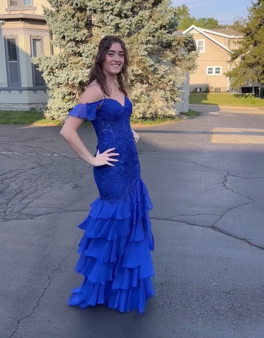 Sparkly Dark Purple Mermaid Cold Shoulder Corset Ruffles Appliques Long Prom Dress with Slit