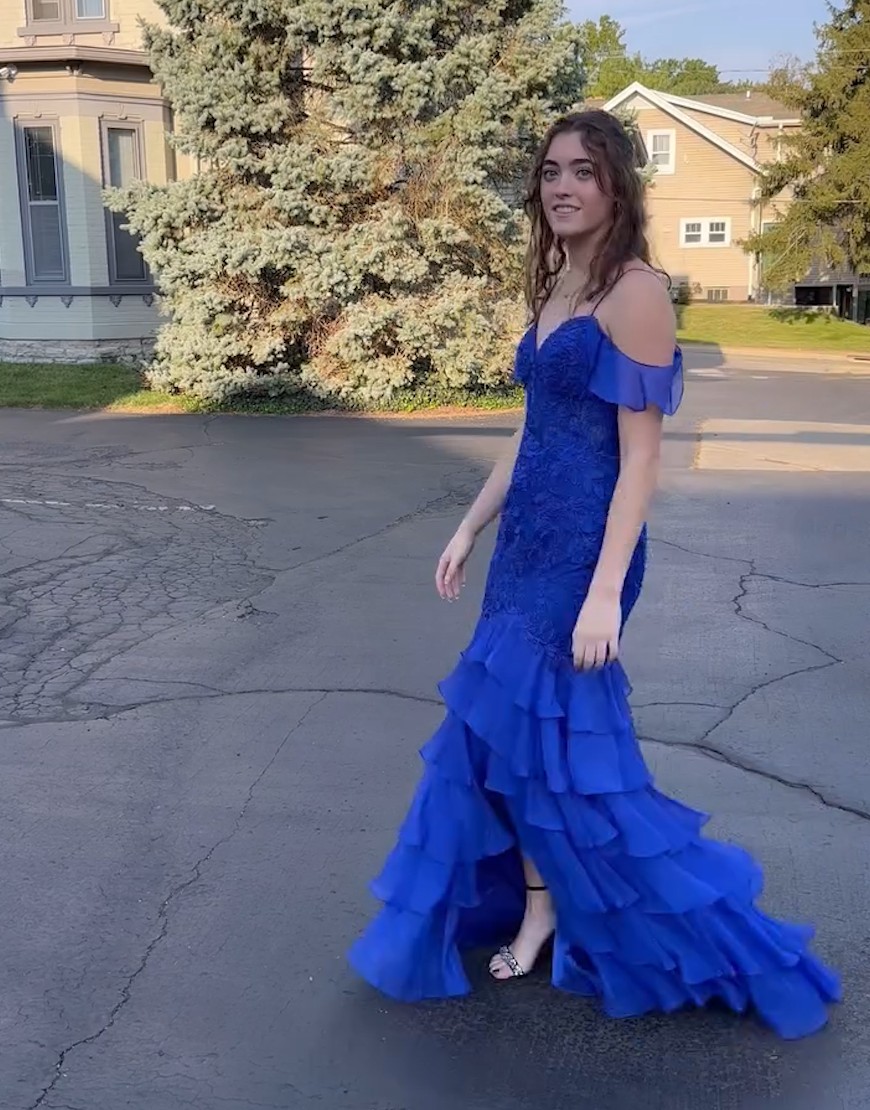 Sparkly Dark Purple Mermaid Cold Shoulder Corset Ruffles Appliques Long Prom Dress with Slit