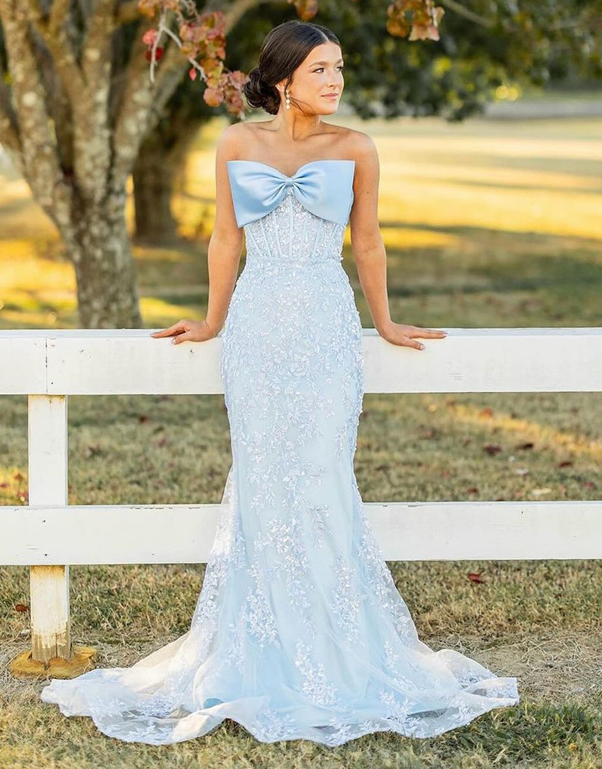 Sparkly Sky Blue Mermaid Strapless Corset Appliques Long Prom Dress with Bow