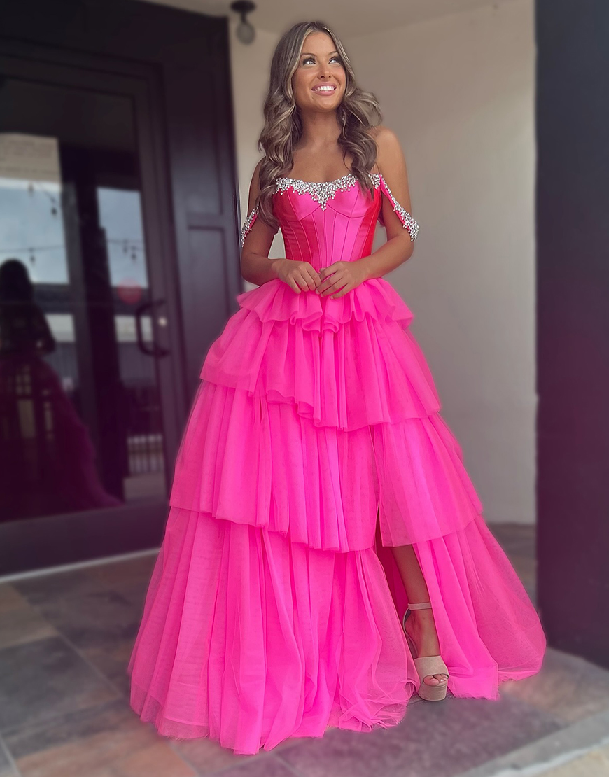 Sparkly Fuchsia A-Line Detachable Off the Shoulder Corset Ruffles Long Prom Dress with Slit