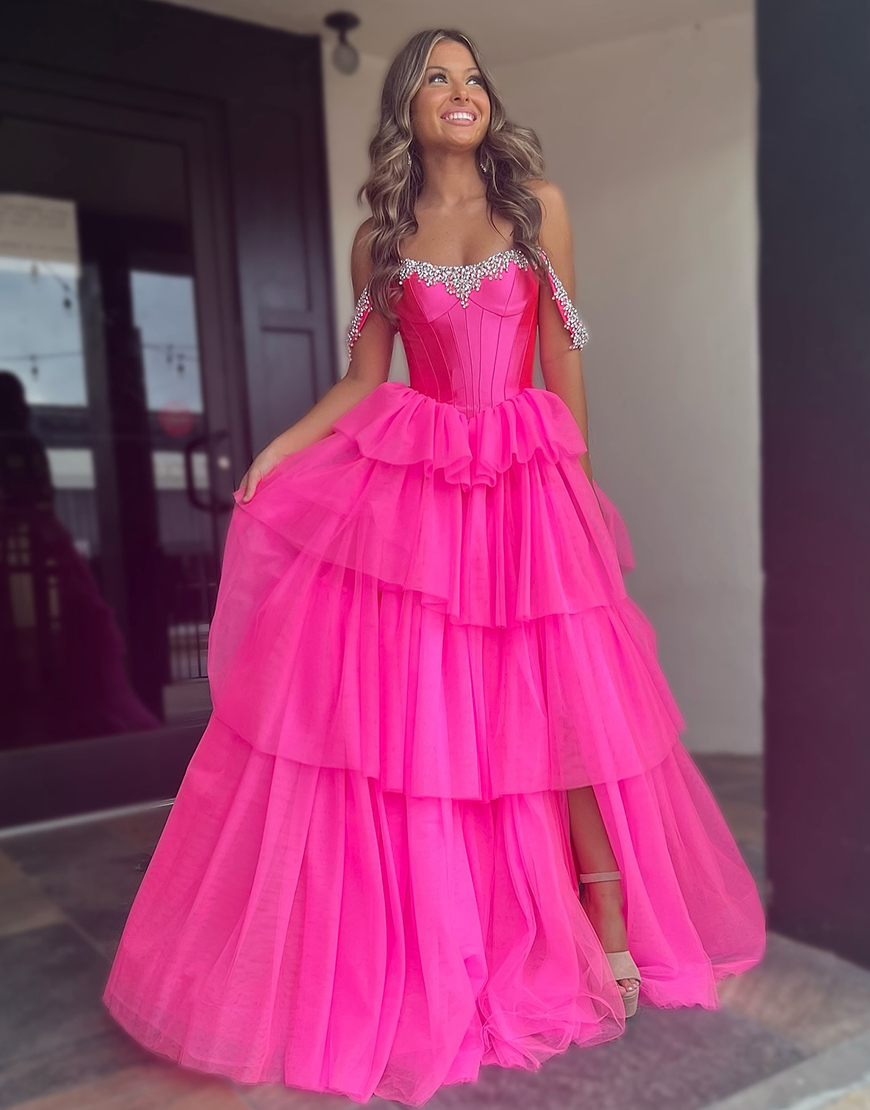 Sparkly Fuchsia A-Line Detachable Off the Shoulder Corset Ruffles Long Prom Dress with Slit