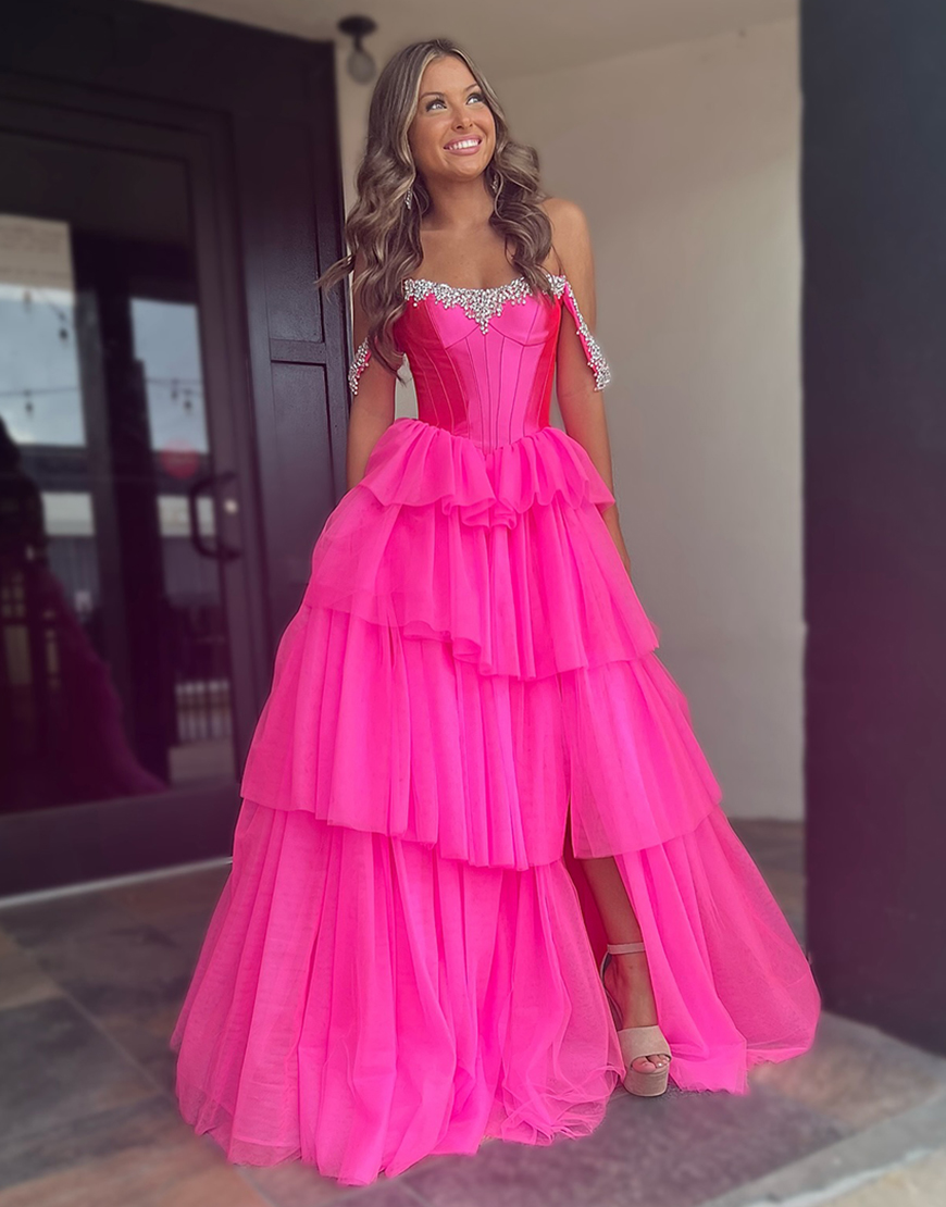 Sparkly Fuchsia A-Line Detachable Off the Shoulder Corset Ruffles Long Prom Dress with Slit