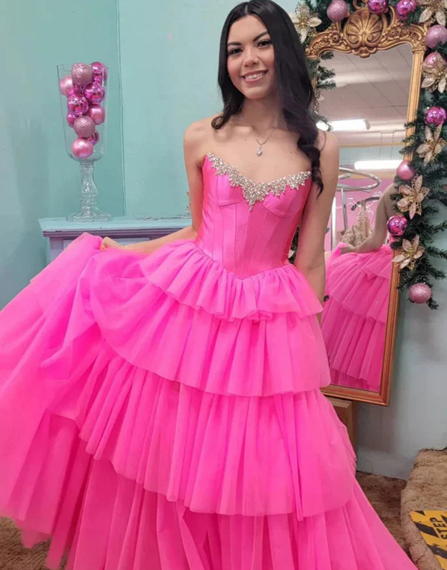 Sparkly Fuchsia A-Line Detachable Off the Shoulder Corset Ruffles Long Prom Dress with Slit