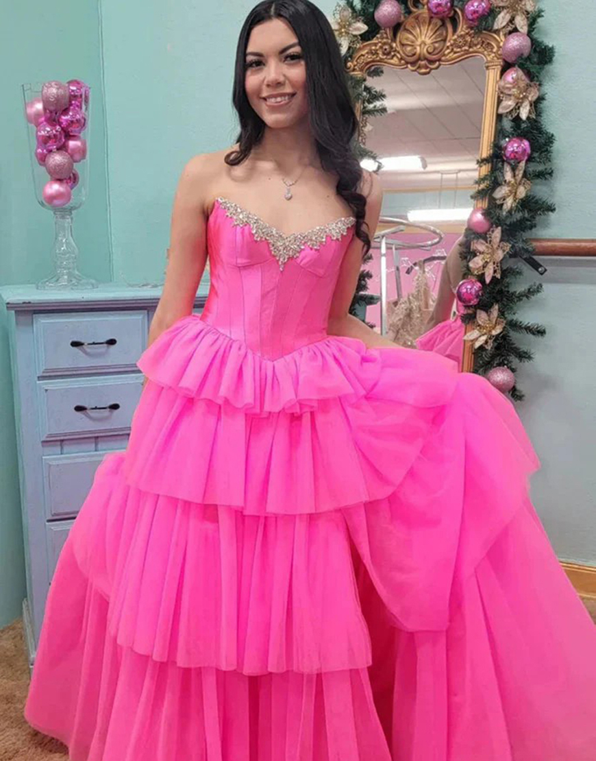 Sparkly Fuchsia A-Line Detachable Off the Shoulder Corset Ruffles Long Prom Dress with Slit