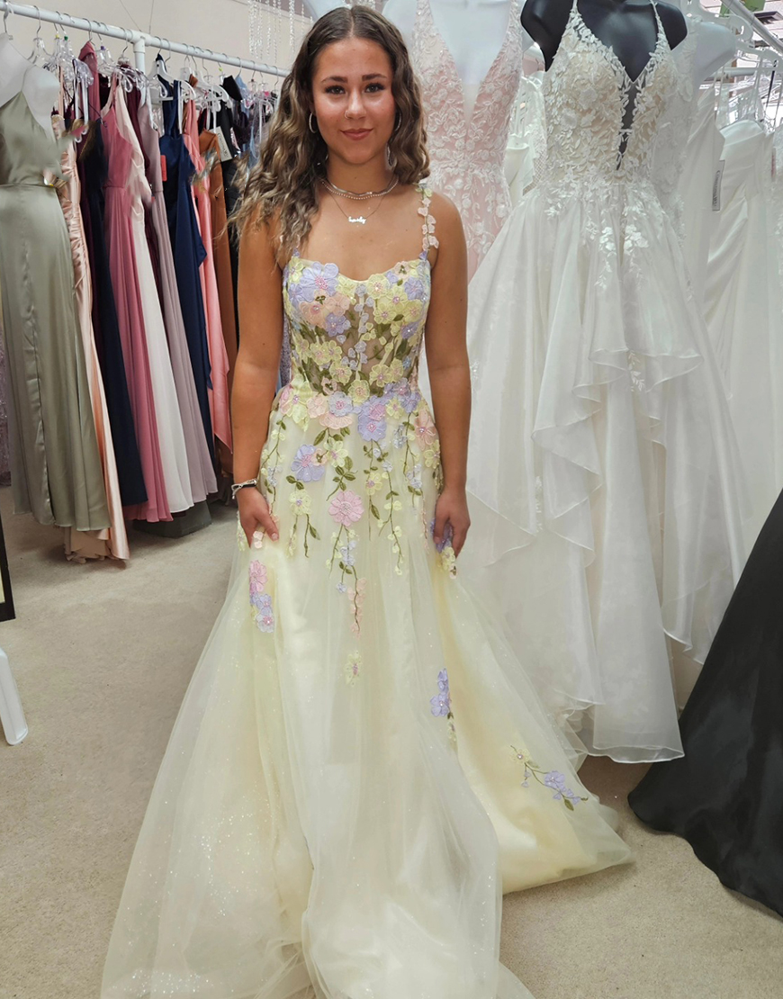 Sparkly Yellow A-Line Spaghetti Straps Flowers Corset Tulle Long Prom Dress