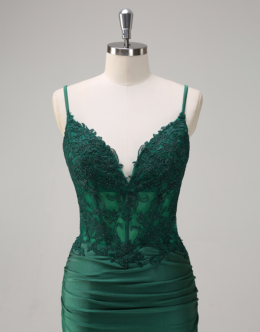 Sparkly Dark Green Mermaid Spaghetti Straps Corset Long Prom Dress with Appliques