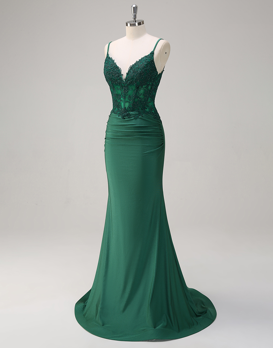 Sparkly Dark Green Mermaid Spaghetti Straps Corset Long Prom Dress with Appliques