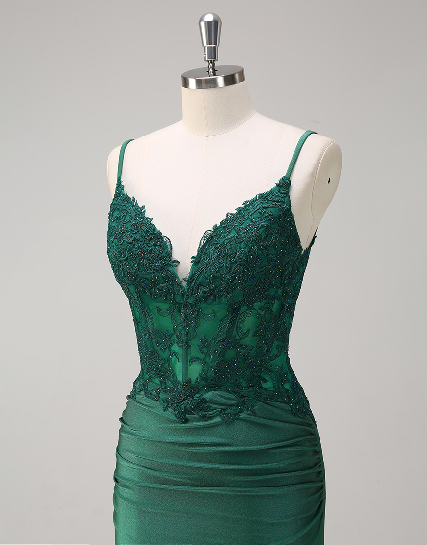 Sparkly Dark Green Mermaid Spaghetti Straps Corset Long Prom Dress with Appliques
