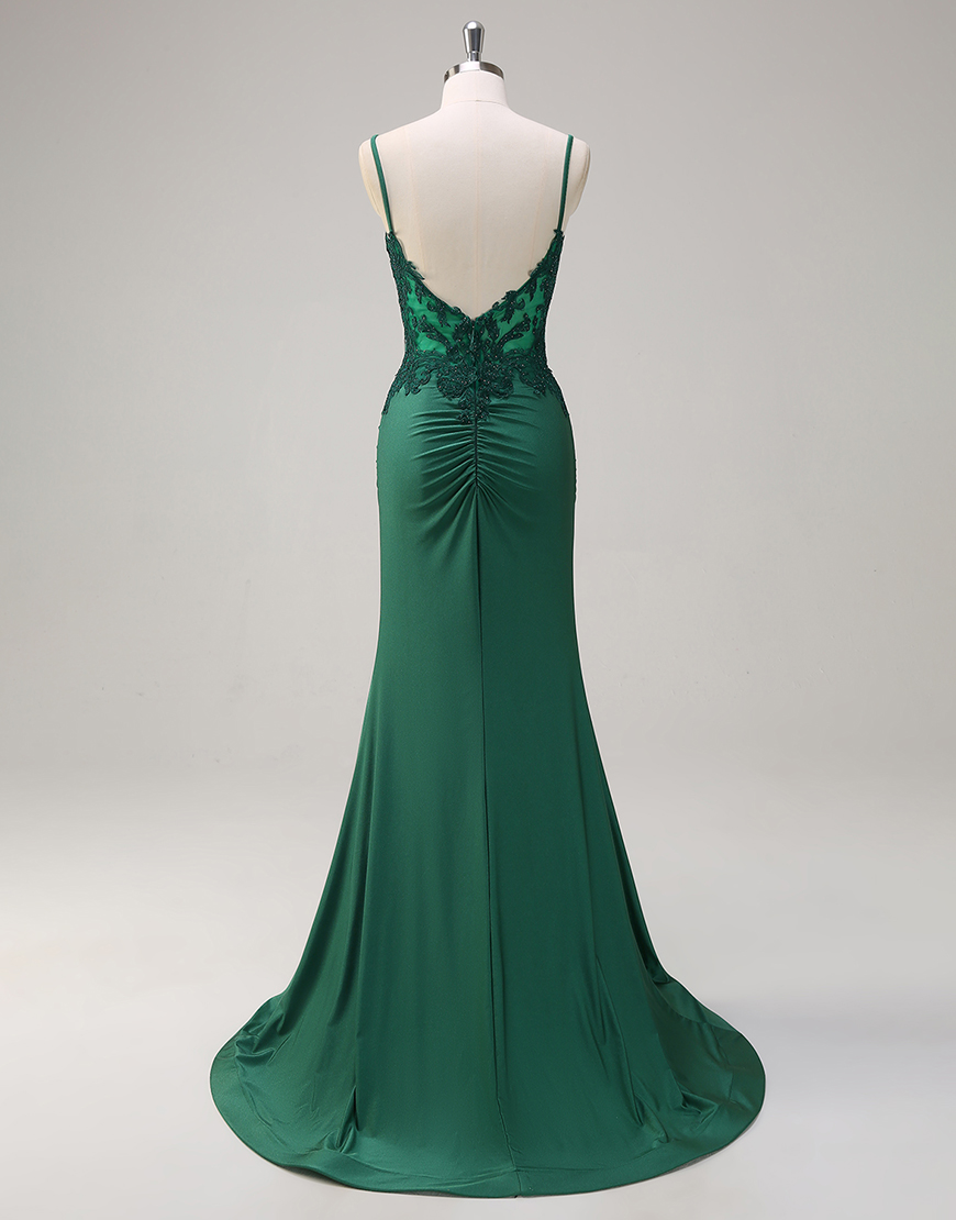 Sparkly Dark Green Mermaid Spaghetti Straps Corset Long Prom Dress with Appliques