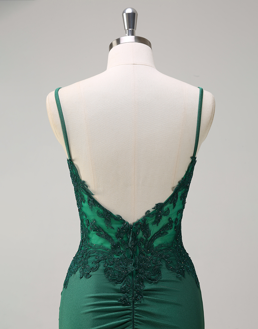 Sparkly Dark Green Mermaid Spaghetti Straps Corset Long Prom Dress with Appliques