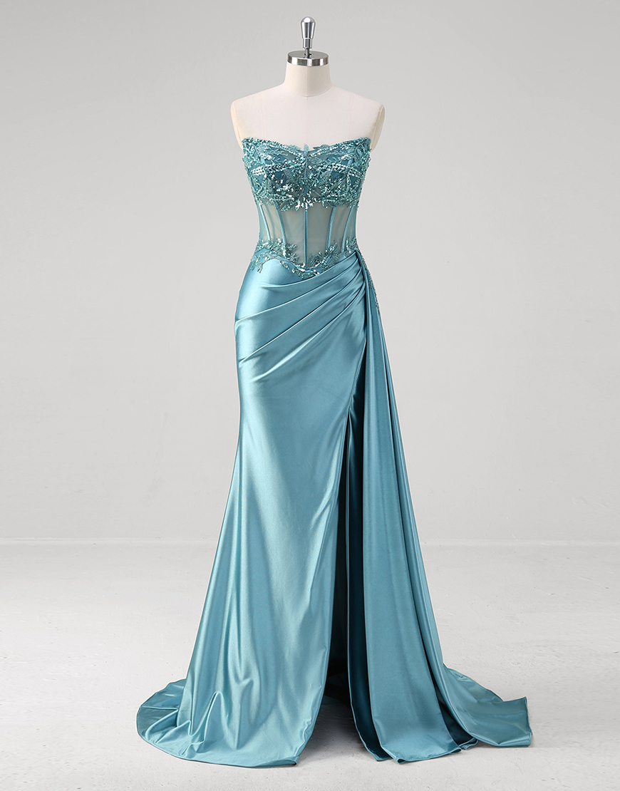 Sparkly Grey Blue Mermaid Strapless Corset Appliques Long Prom Dress with Slit