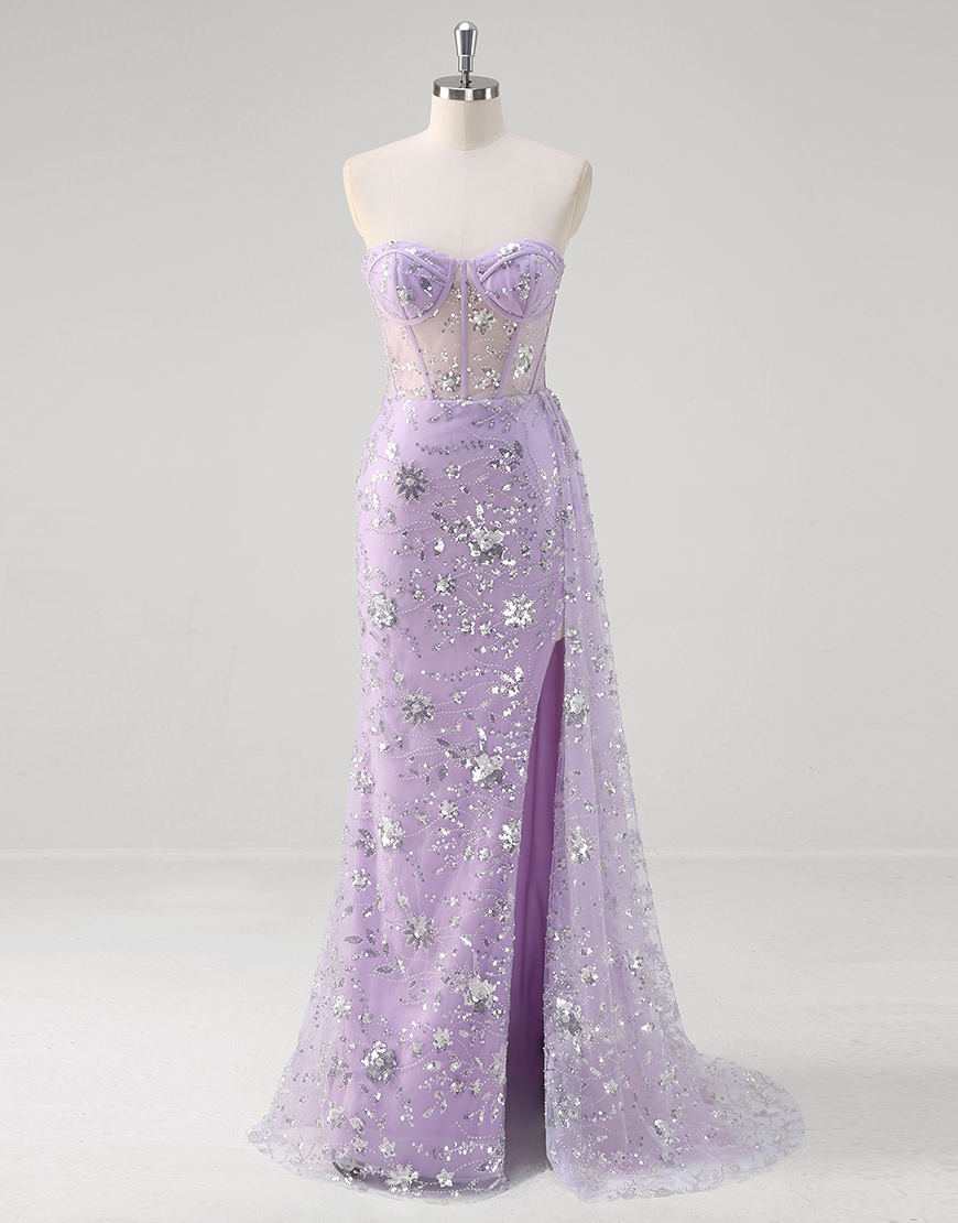 Sparkly Light Purple Mermaid Strapless Embroidery Corset Long Prom Dress with Slit