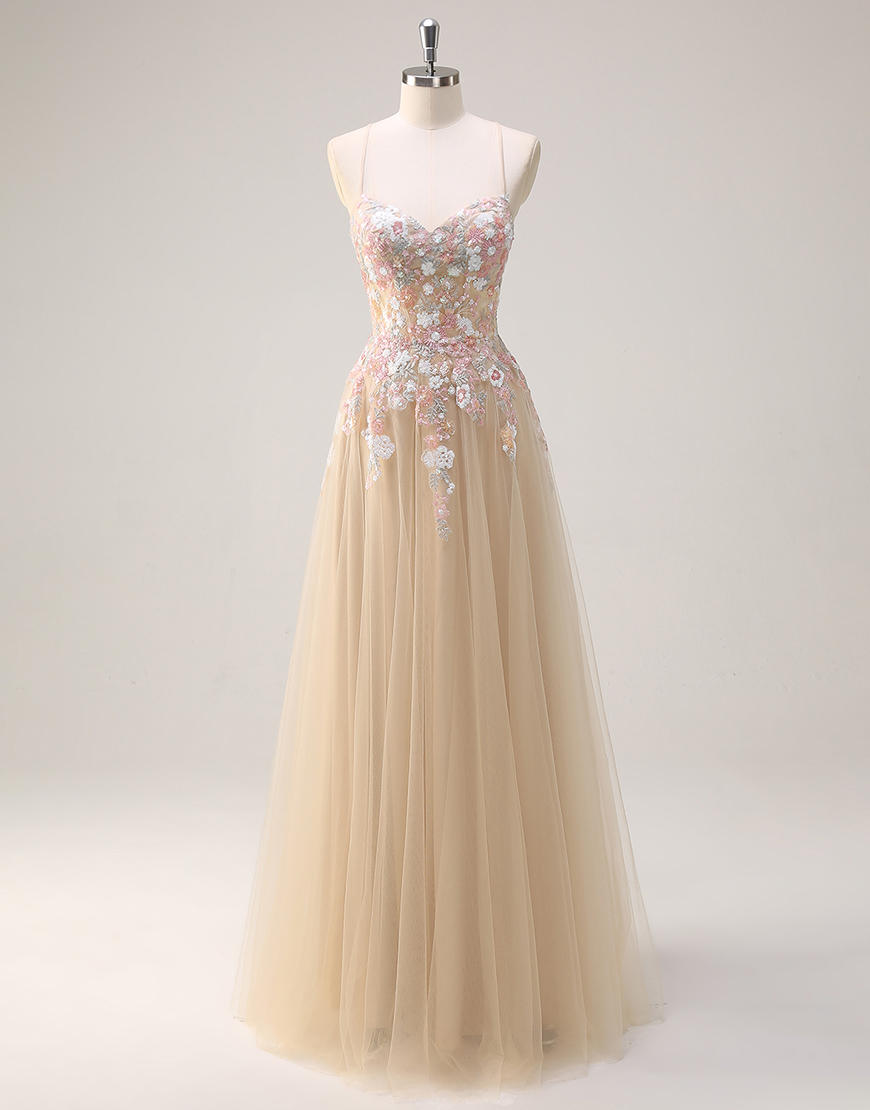 Sparkly Champagne A-Line Spaghetti Straps Sequined Flower Tulle Long Prom Dress