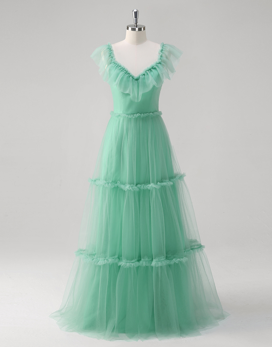 Green A-Line Ruffles Tulle Long Prom Dress
