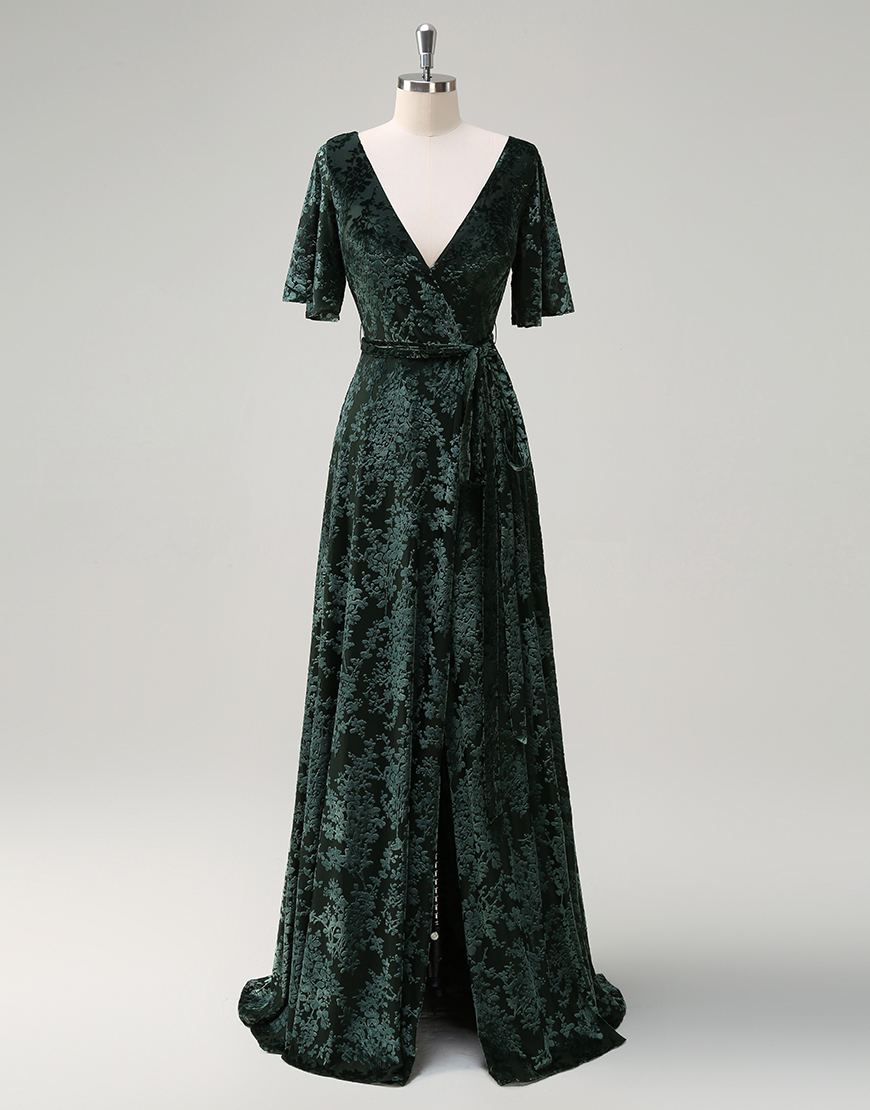 Dark Green A-Line Velvet Wrap Floral Short Sleeves Long Prom Dress with Slit
