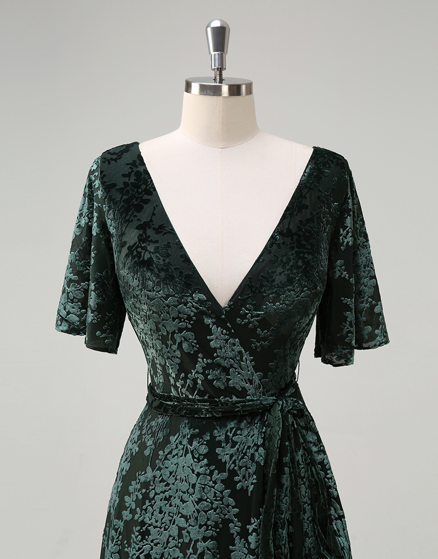 Dark Green A-Line Velvet Wrap Floral Short Sleeves Long Prom Dress with Slit