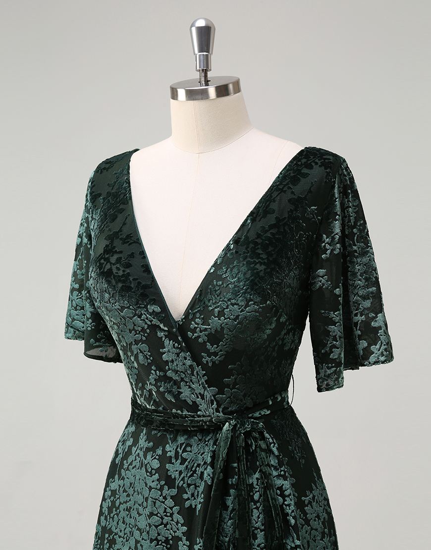 Dark Green A-Line Velvet Wrap Floral Short Sleeves Long Prom Dress with Slit