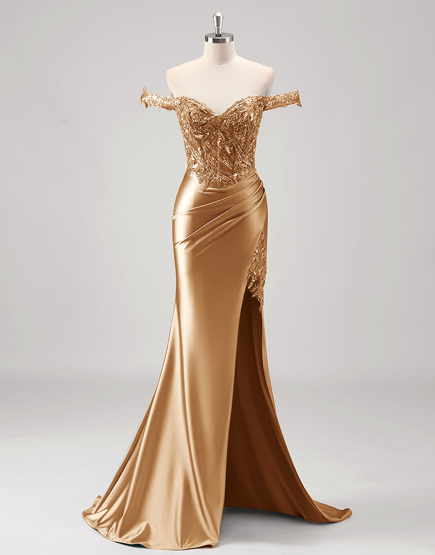 Sparkly Green Mermaid Off the Shoulder Corset Appliques Long Prom Dress with Slit