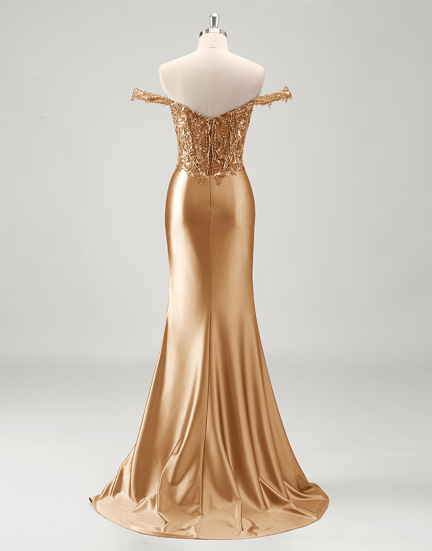 Sparkly Green Mermaid Off the Shoulder Corset Appliques Long Prom Dress with Slit