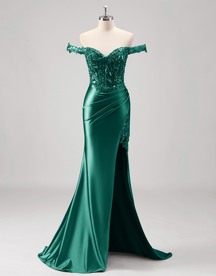 Sparkly Green Mermaid Off the Shoulder Corset Appliques Long Prom Dress with Slit