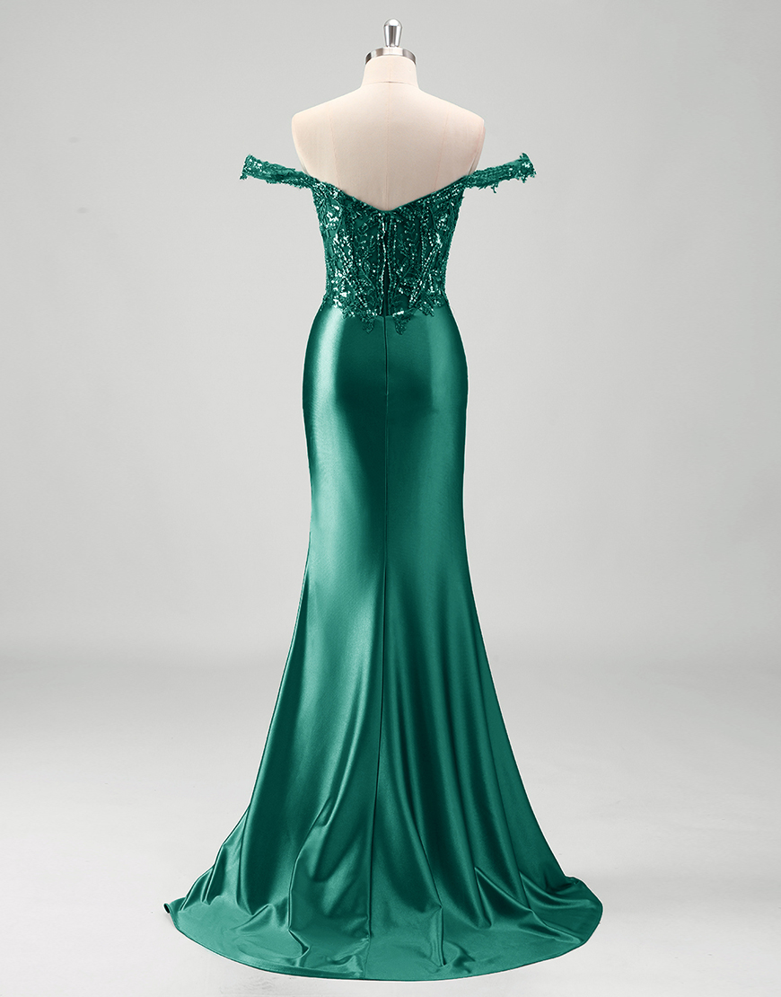 Sparkly Green Mermaid Off the Shoulder Corset Appliques Long Prom Dress with Slit