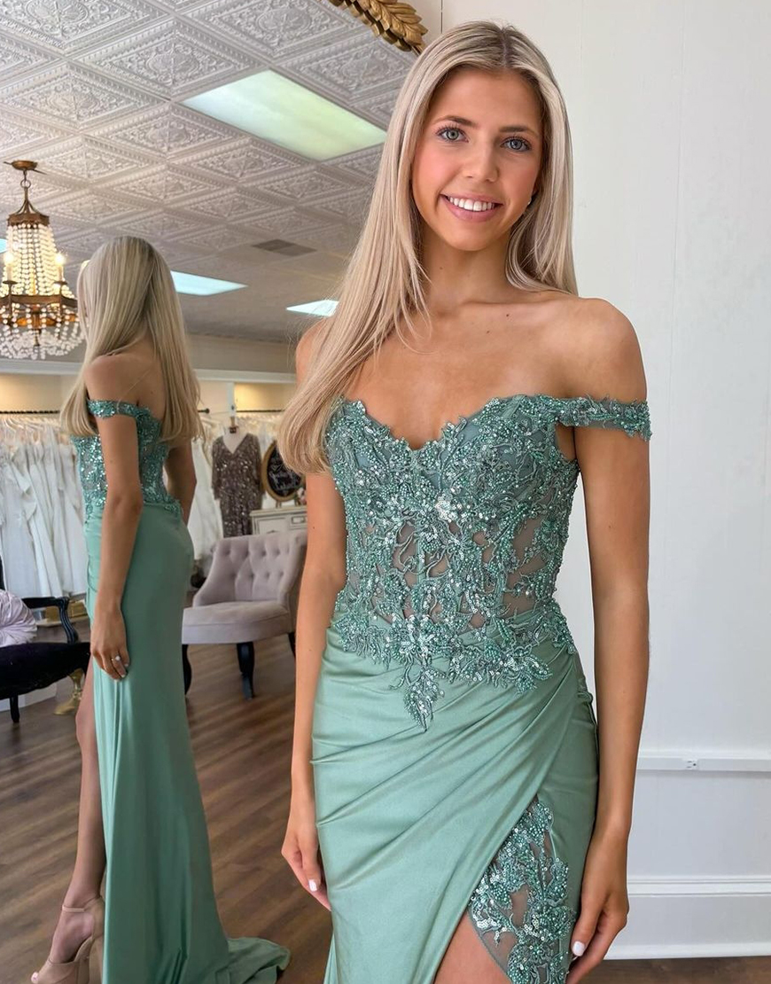 Sparkly Green Mermaid Off the Shoulder Corset Appliques Long Prom Dress with Slit