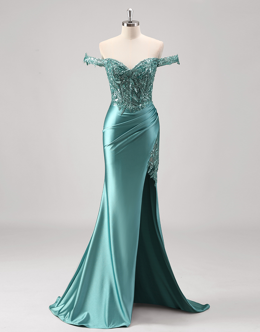 Sparkly Grey Green Mermaid Sequined Off the Shoulder Corset Long Prom Dress with Slit