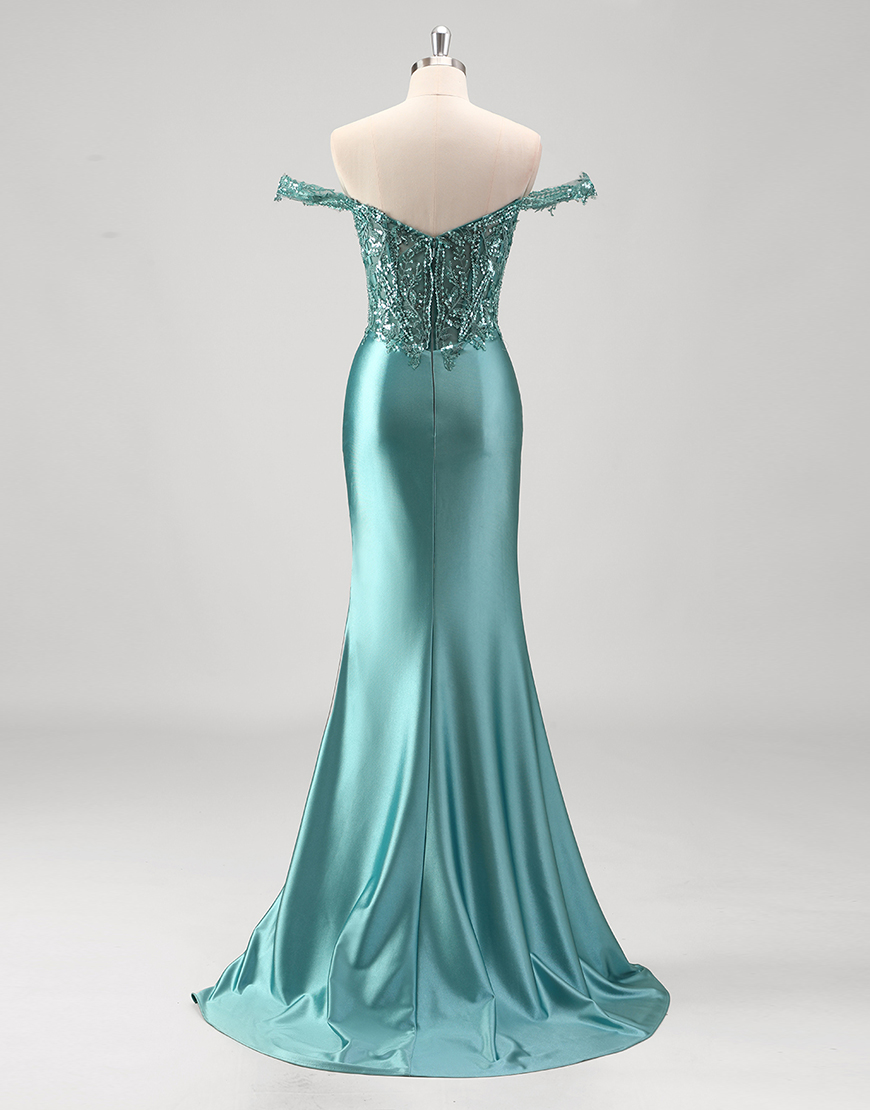 Sparkly Grey Green Mermaid Sequined Off the Shoulder Corset Long Prom Dress with Slit