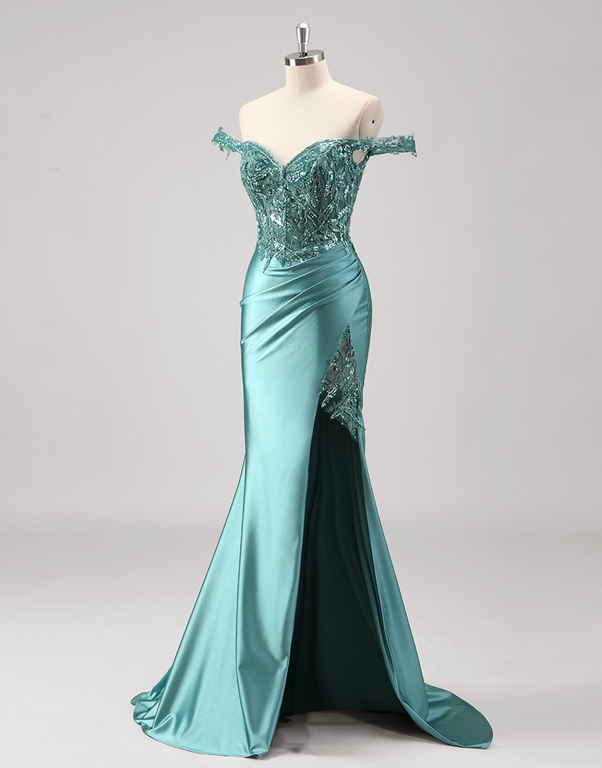 Sparkly Grey Green Mermaid Sequined Off the Shoulder Corset Long Prom Dress with Slit