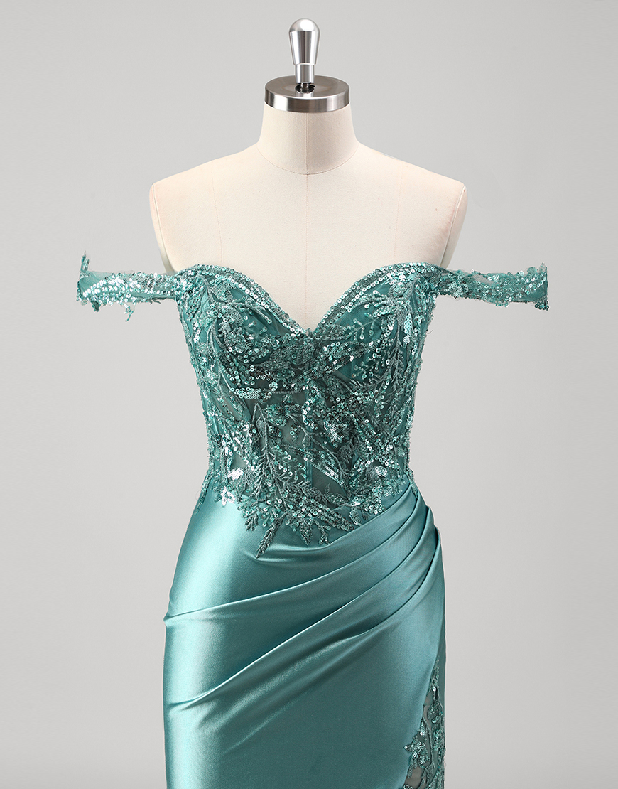 Sparkly Grey Green Mermaid Sequined Off the Shoulder Corset Long Prom Dress with Slit