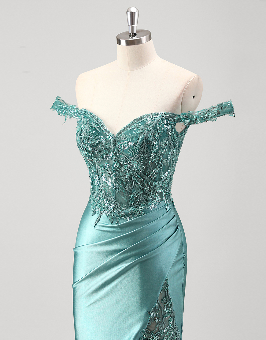 Sparkly Grey Green Mermaid Sequined Off the Shoulder Corset Long Prom Dress with Slit