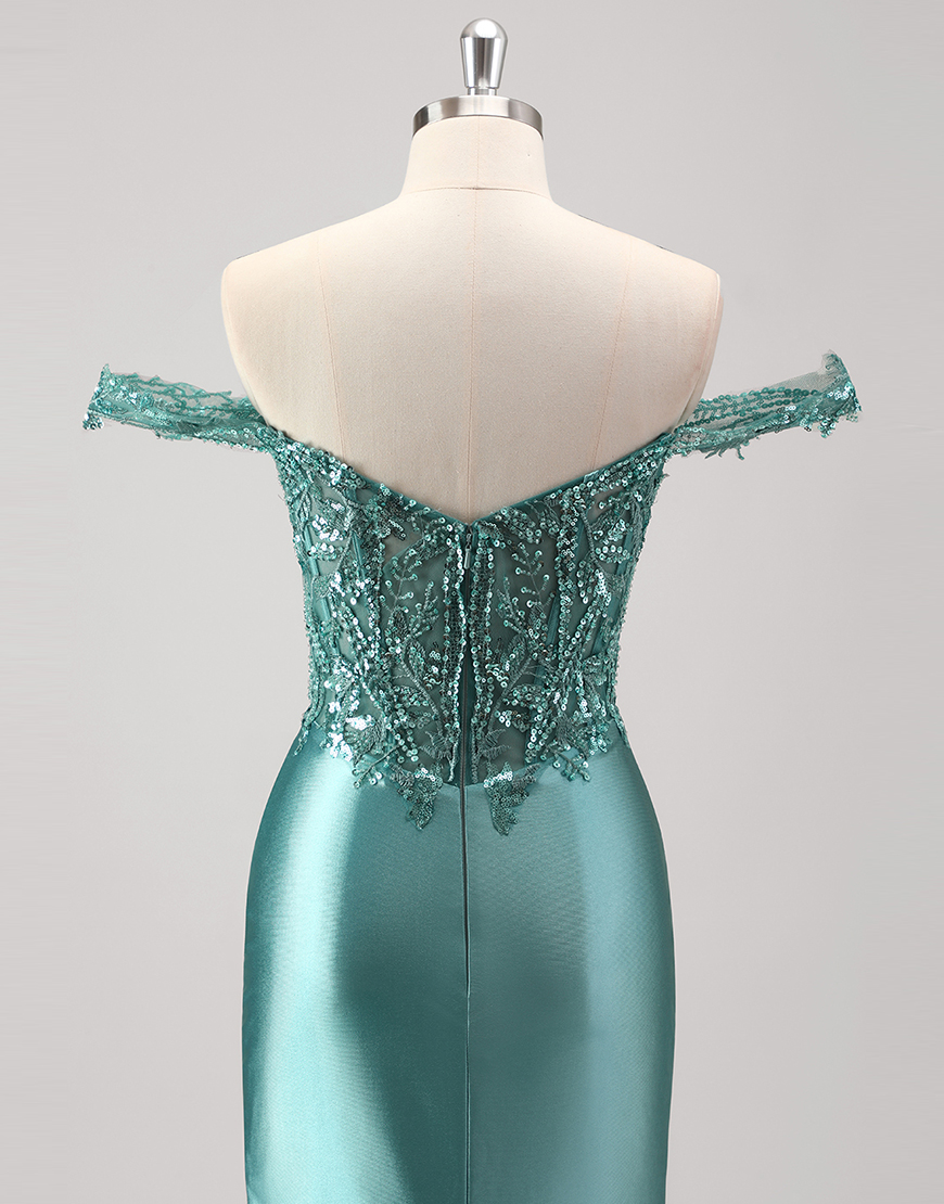 Sparkly Grey Green Mermaid Sequined Off the Shoulder Corset Long Prom Dress with Slit