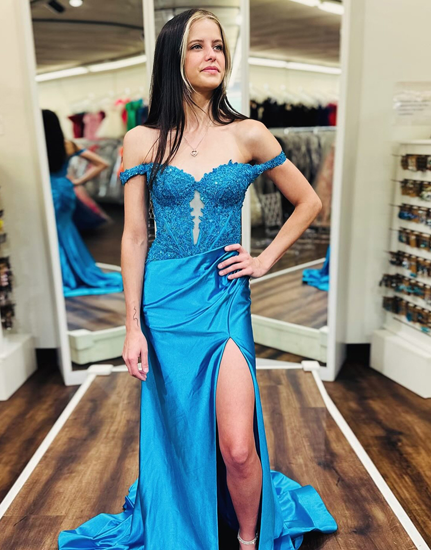 Sparkly Green Mermaid Off the Shoulder Corset Appliques Long Prom Dress with Slit