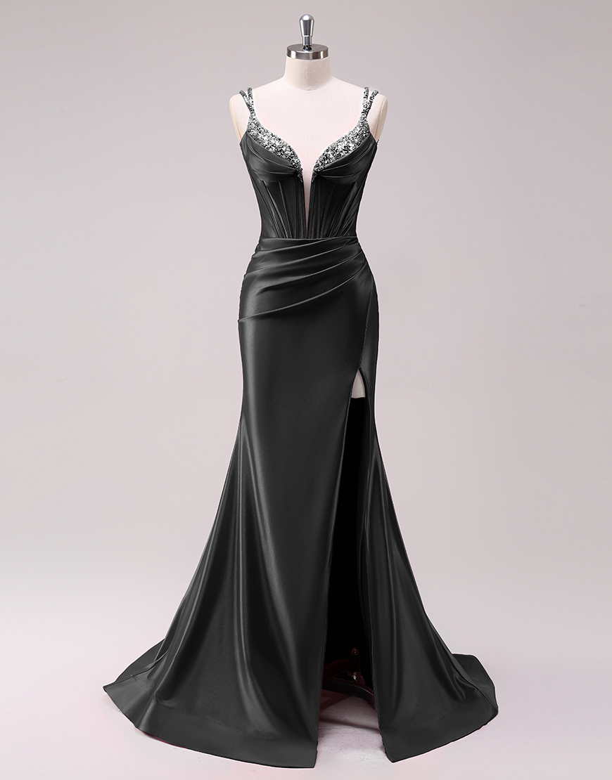 Sparkly Fuchsia Mermaid Spaghetti Straps Corset Satin Long Prom Dress with Slit