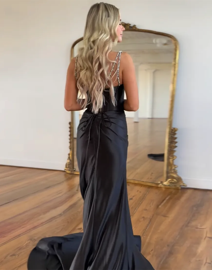 Sparkly Fuchsia Mermaid Spaghetti Straps Corset Satin Long Prom Dress with Slit