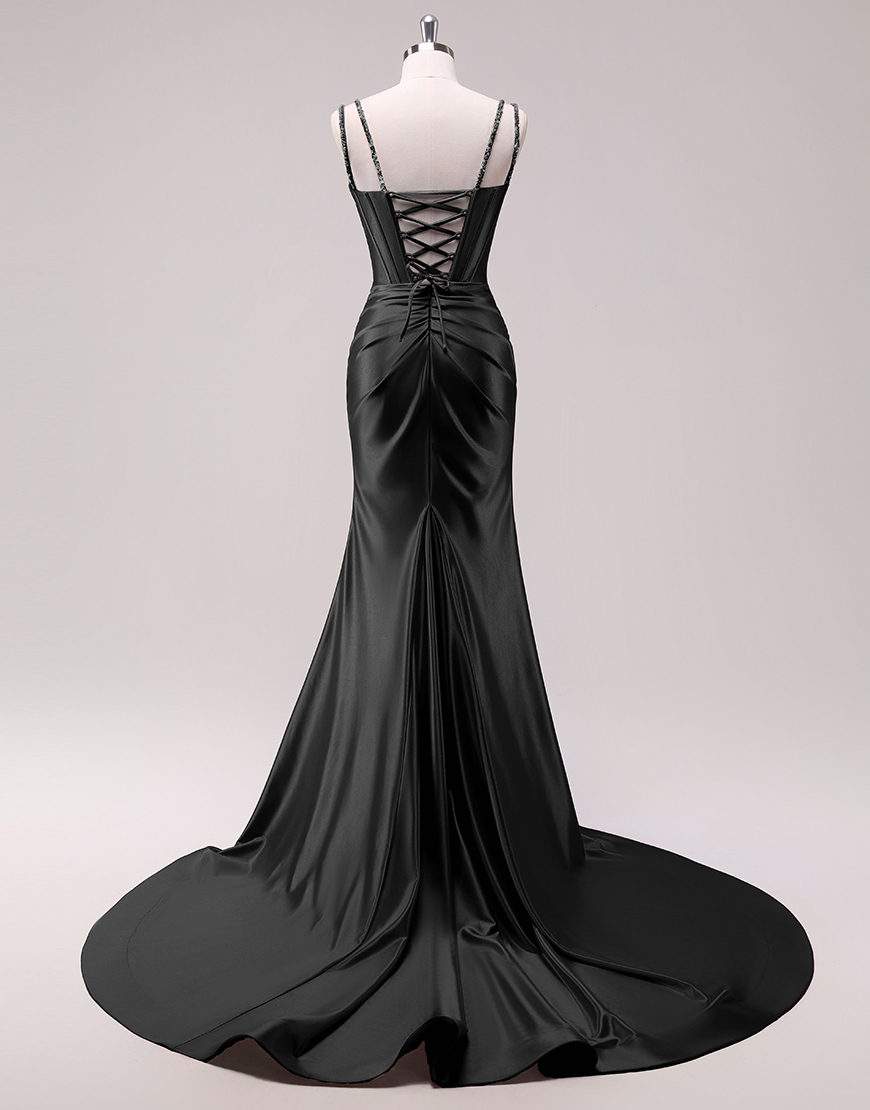 Sparkly Fuchsia Mermaid Spaghetti Straps Corset Satin Long Prom Dress with Slit