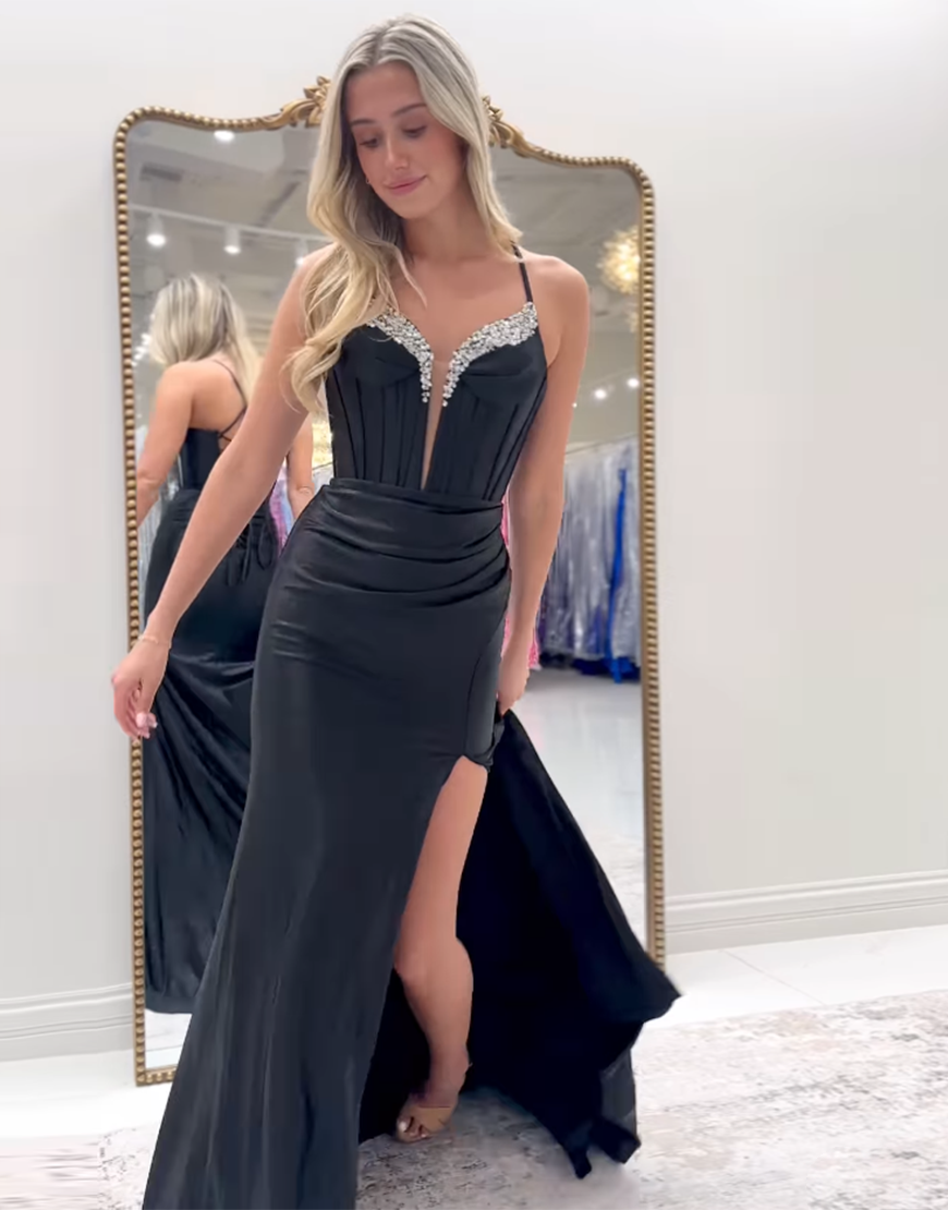 Sparkly Yellow Mermaid Beaded Corset Ruched Satin Long Prom Dress