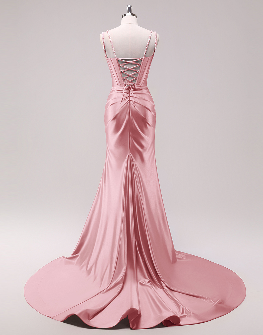 Sparkly Fuchsia Mermaid Spaghetti Straps Corset Satin Long Prom Dress with Slit