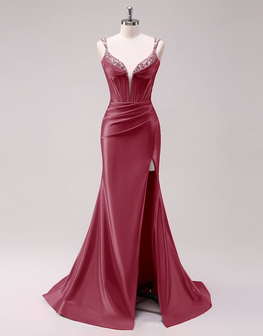 Sparkly Fuchsia Mermaid Spaghetti Straps Corset Satin Long Prom Dress with Slit