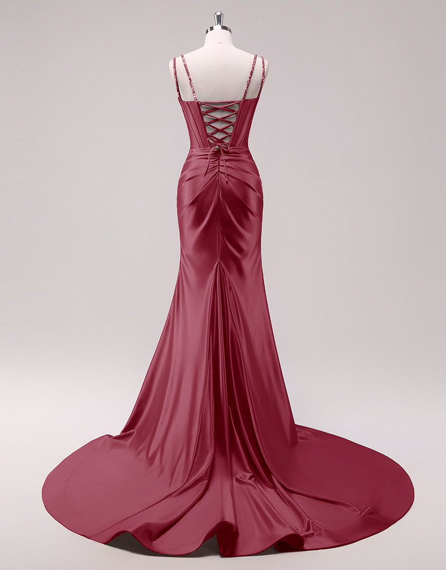 Sparkly Fuchsia Mermaid Spaghetti Straps Corset Satin Long Prom Dress with Slit