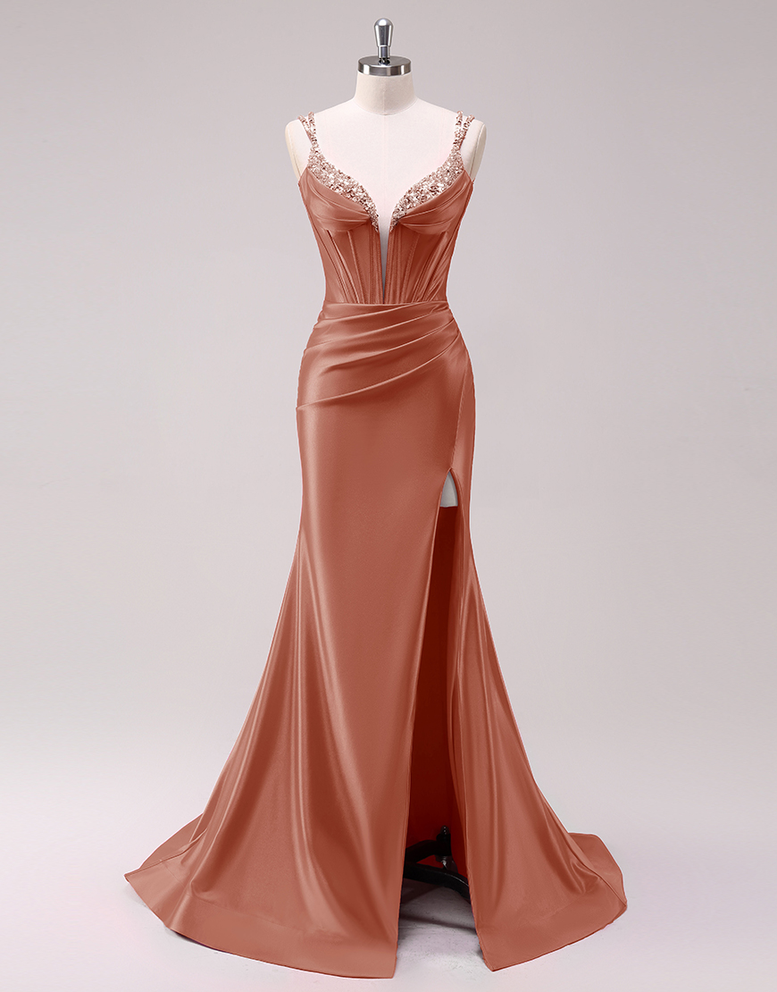 Sparkly Fuchsia Mermaid Spaghetti Straps Corset Satin Long Prom Dress with Slit