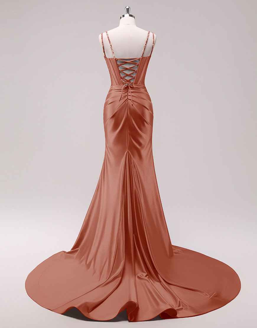 Sparkly Fuchsia Mermaid Spaghetti Straps Corset Satin Long Prom Dress with Slit