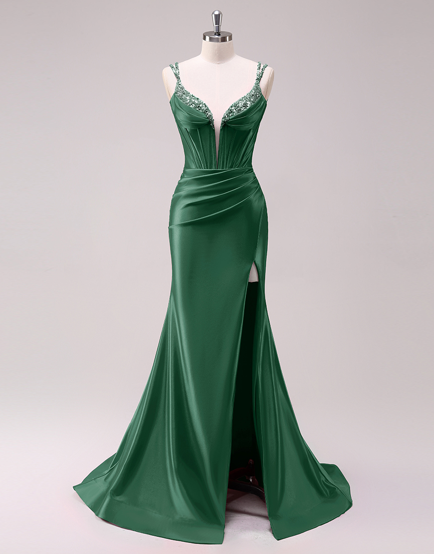 Sparkly Fuchsia Mermaid Spaghetti Straps Corset Satin Long Prom Dress with Slit