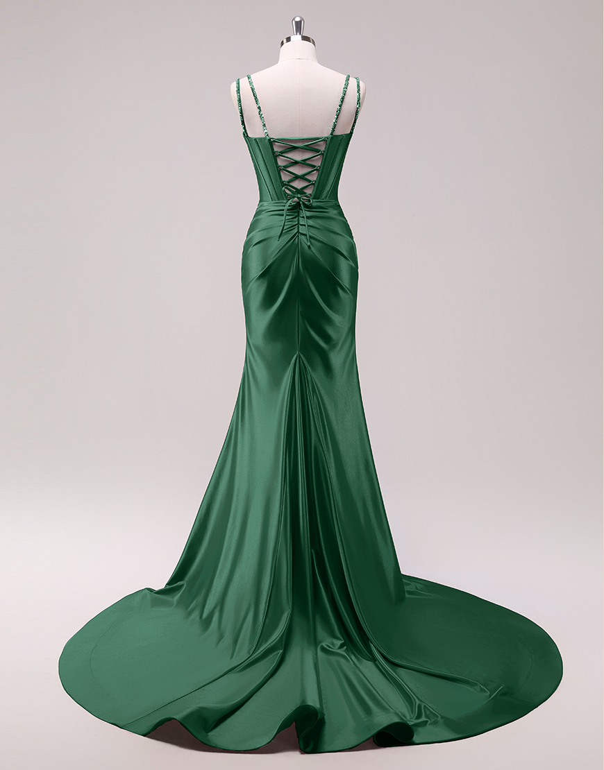 Sparkly Fuchsia Mermaid Spaghetti Straps Corset Satin Long Prom Dress with Slit