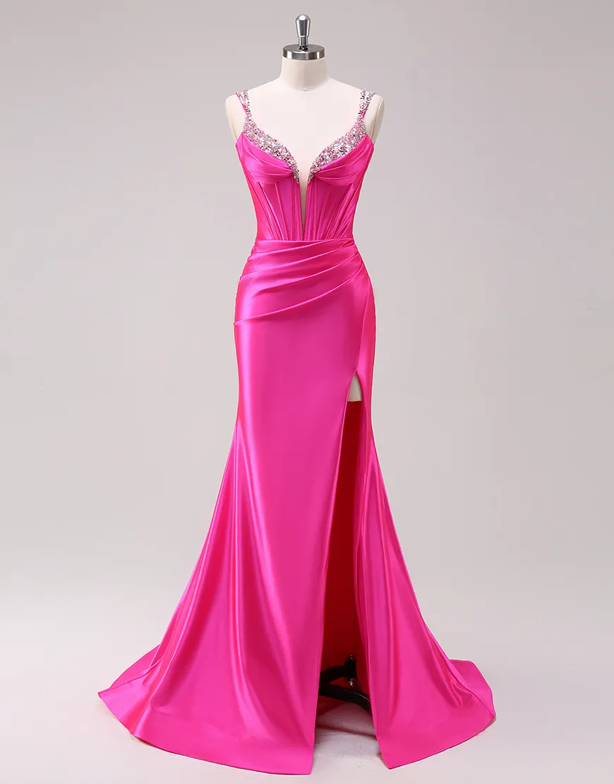 Sparkly Fuchsia Mermaid Beaded Corset Ruched Satin Long Prom Dress