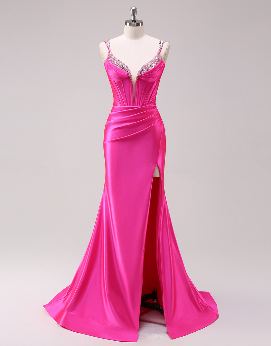 Sparkly Fuchsia Mermaid Spaghetti Straps Corset Satin Long Prom Dress with Slit